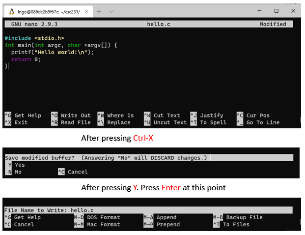 Create hello.c using nano