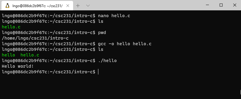 Creating hello.c using nano