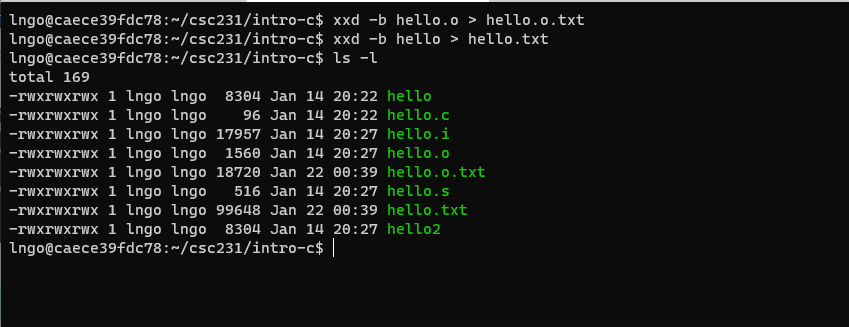 hexdumping hello.c and hello